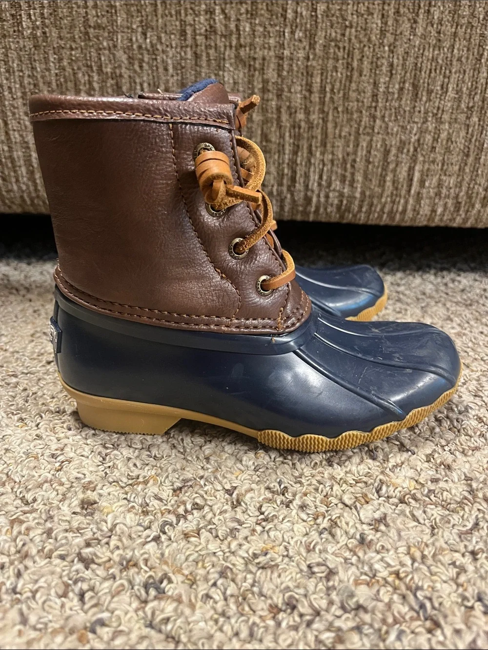 Sperry Navy and Brown Waterproof Duck Boots with Tan Laces